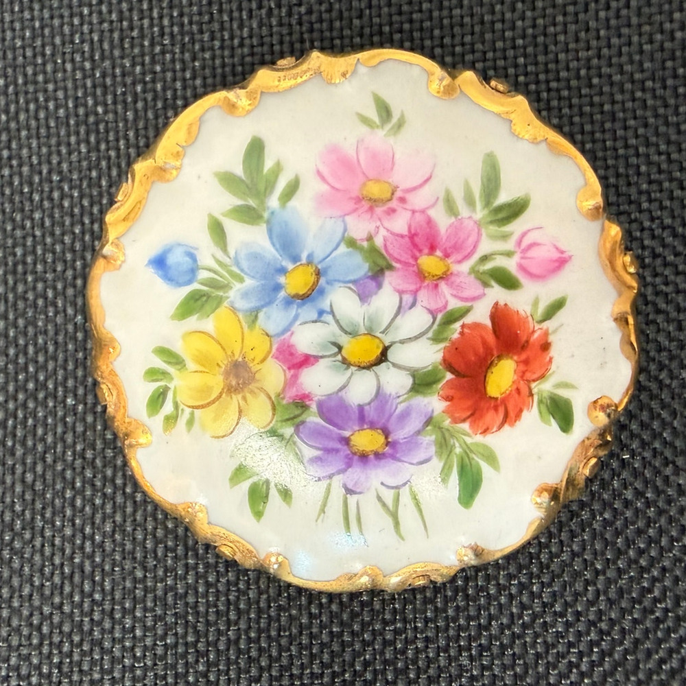 Vtg Rosenthal Marktredwitz Germania Porcelain Brooch Hand Painted Floral Gold